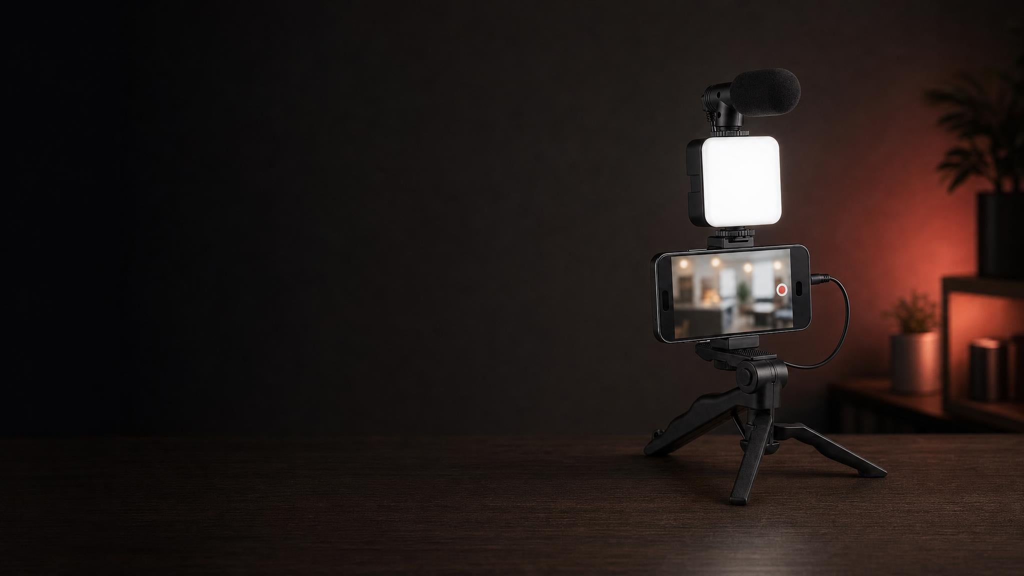 Kit de vlog para móvil montado sobre un escritorio